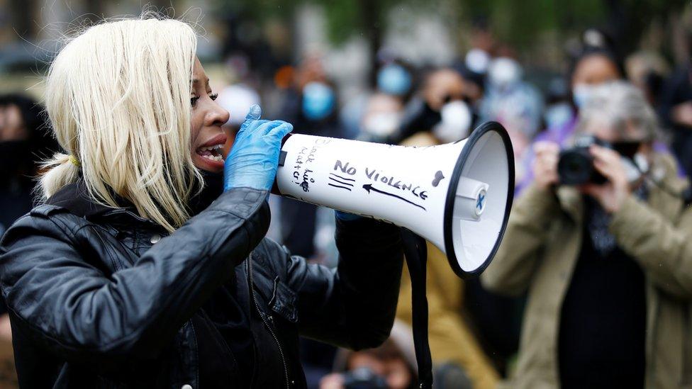 Demonstrators during a Black Lives Matter protest in Parliament Square, following the death of George Floyd who died in police custody in Minneapolis, London, Britain, June 6, 2020.