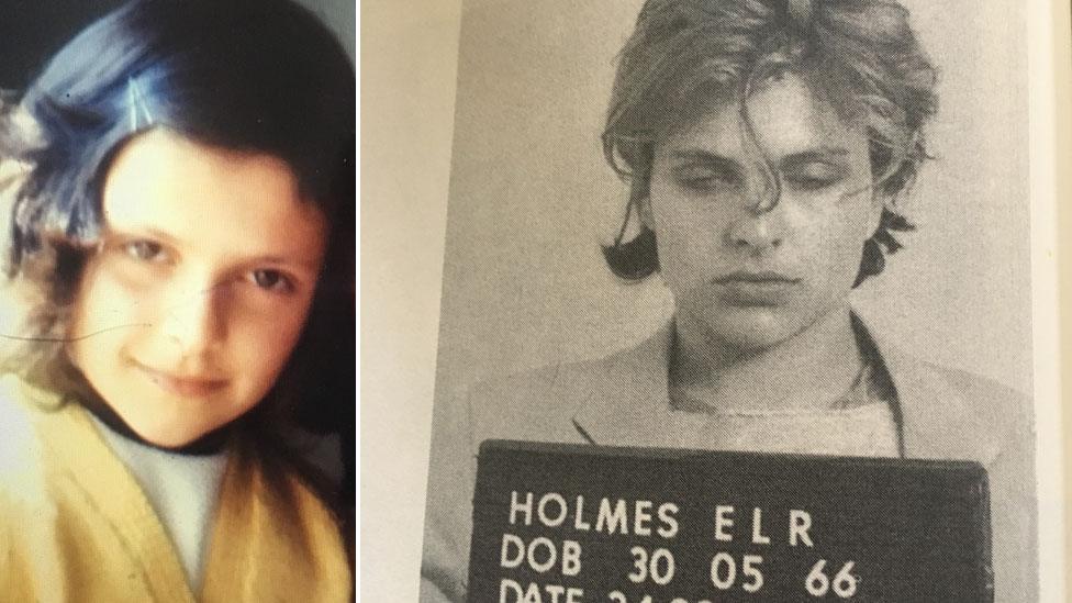 A split image of Roxanne Holmes shows a portrait of her aged five, and a police mugshot of her aged 22