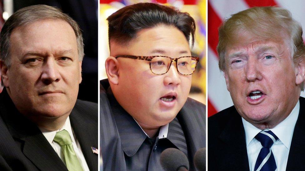 Mike Pompeo(left), Kim Jong-un and Donald Trump