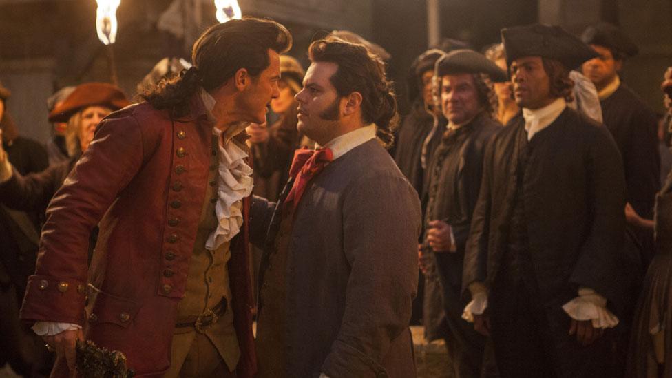 Luke Evans and Josh Gad in Beauty and the Beast