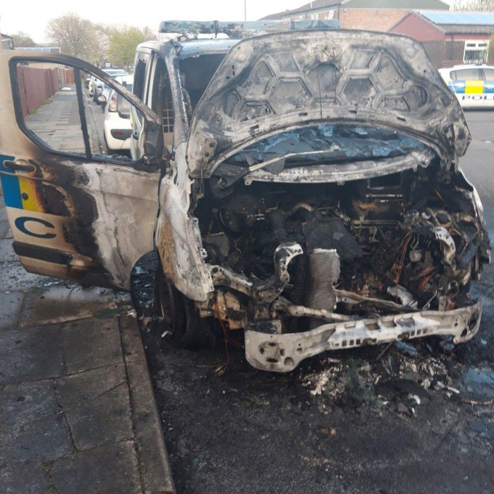 The fire-damaged Cleveland Police as van as seen from the front