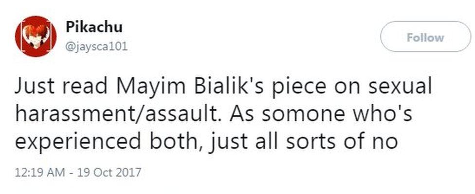 Pikachu tweeted: Just Read Mayim Bialik's piece on sexual harassment/assault. As someone who's experienced both just all sorts of no