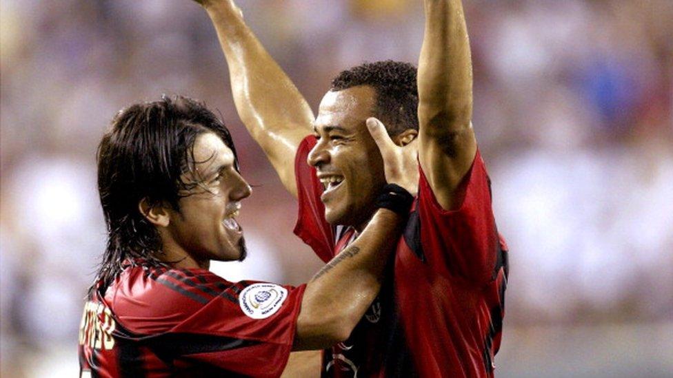 Gennaro Gattuso and Cafu celebrate a goal for AC Milan