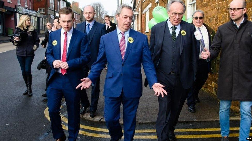 Tory MP Tom Pursglove (left), Nigel Farage (centre) and Peter Bone (right)