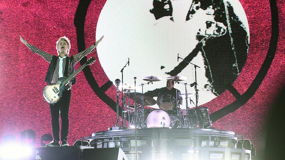 Billie Joe Armstrong (L) and Tre Cool of Green Day perform during the 2023 When We Were Young festival at the Las Vegas Festival Grounds on October 21, 2023 in Las Vegas, Nevada.