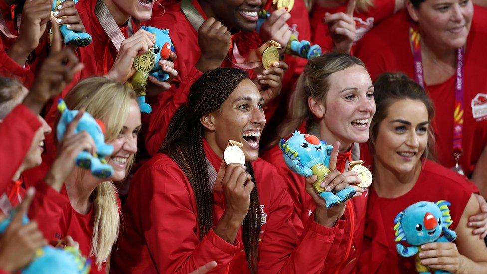 Gold medalists England pose during the medal ceremony for the Netball Gold Medal Match on day 11 of the Gold Coast 2018 Commonwealth Games at Coomera Indoor Sports Centre on April 15, 2018 on the Gold Coast, Australia