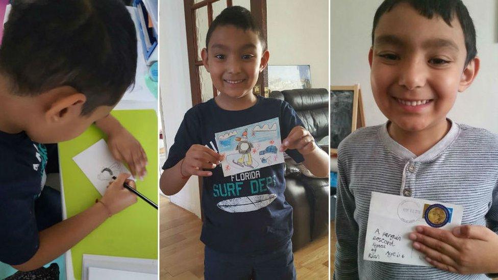 Three pictures showing a boy drawing a postcard, showing the penguin design and then getting it back with an Antarctica stamp