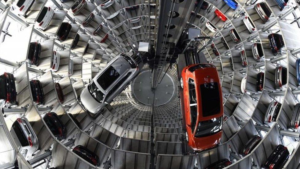 Car towers of Volkswagen manufacturer at the company's plant in Wolfsburg, Germany. Photo: March 2015