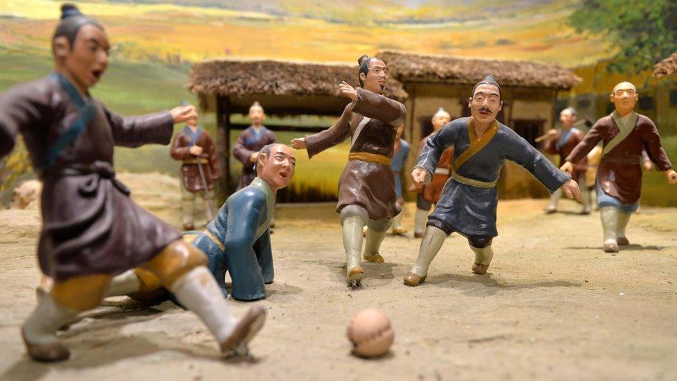 Model of a traditional cuju match at the Linzi Football Museum in China