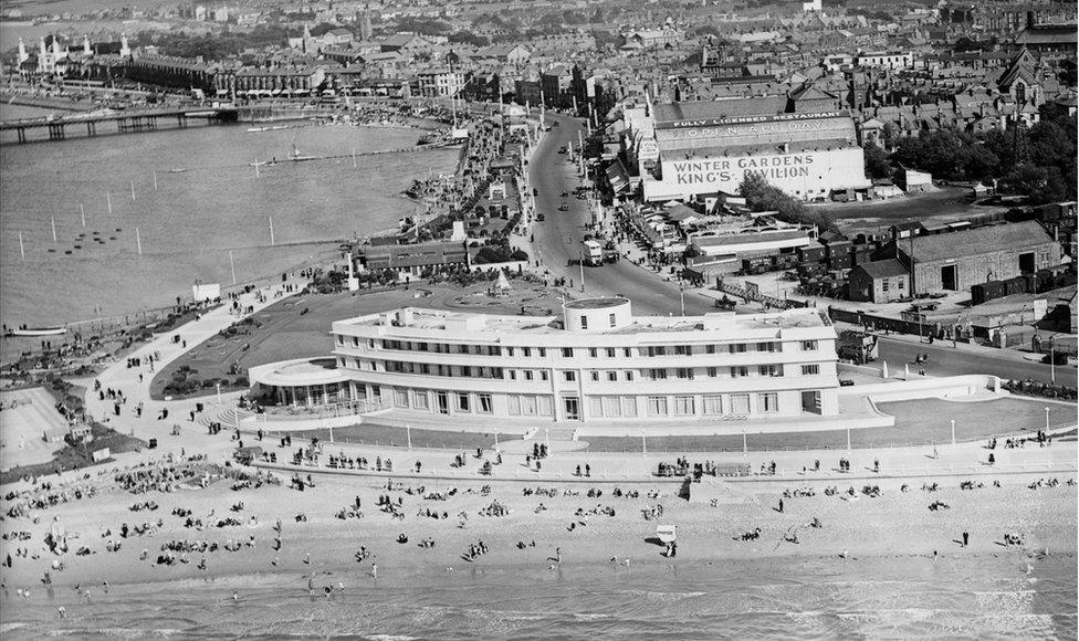 An aerial view of The Midland Hotel and the sea-front in Morecambe, taken in August 1934