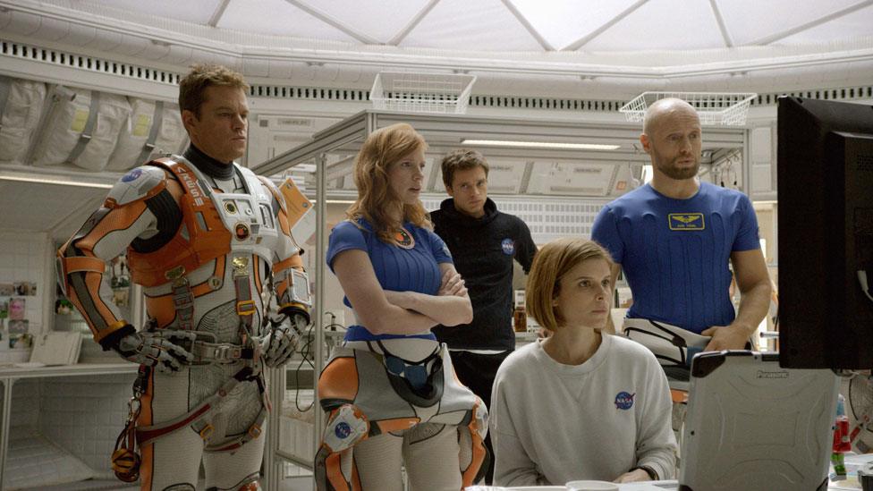 Matt Damon, Jessica Chastain, Sebastian Stan, Kate Mara and Aksel Hennie in The Martian