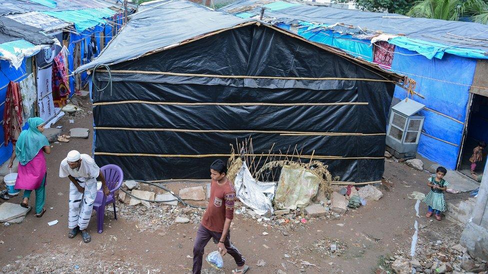 A general view shows a refugee camp set up by Rohingya Muslims in the old city of Hyderabad on June 29, 2016.