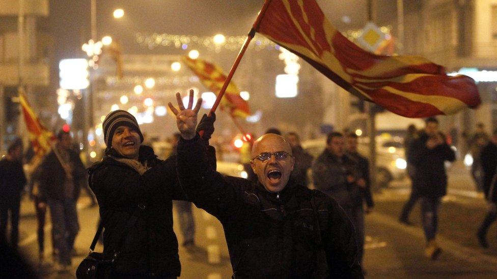 Supporters of opposition SDSM celebrate in Skopje, Macedonia, on Sunday, Dec 11, 2016