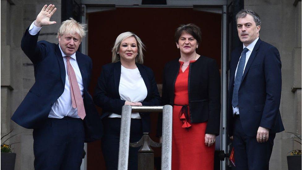 Boris Johnson, Michelle O'Neill, Arlene Foster and Julian Smith