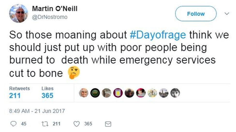 Tweet by @dr nosttromo: "So those moaning about Day of Rage think we should just put up with poor people being burned to death while emergency services cut to bone"