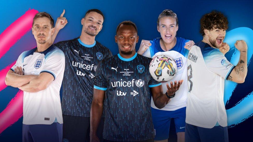 Some of this year's Soccer Aid line up - Gary Neville, Steven Bartlett, Usain Bolt, Jill Scott and Tom Grennan