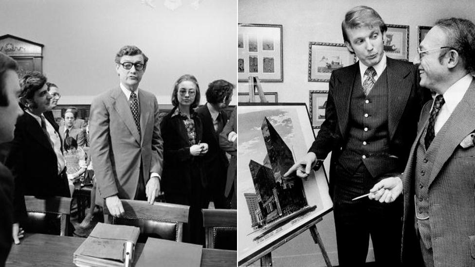 Hillary Rodham, a lawyer for the Rodino Committee and John Doar, Chief Counsel for the committee, bring impeachment charges against President Richard Nixon in the Judiciary Committee hearing room at the US Capitol in 1974 in Washington, DC / Donald Trump with Alfred Eisenpreis, New York City Economic Development Administrator. Sketch of new 1,400 room Renovation project of Commodore Hotel, 1976.