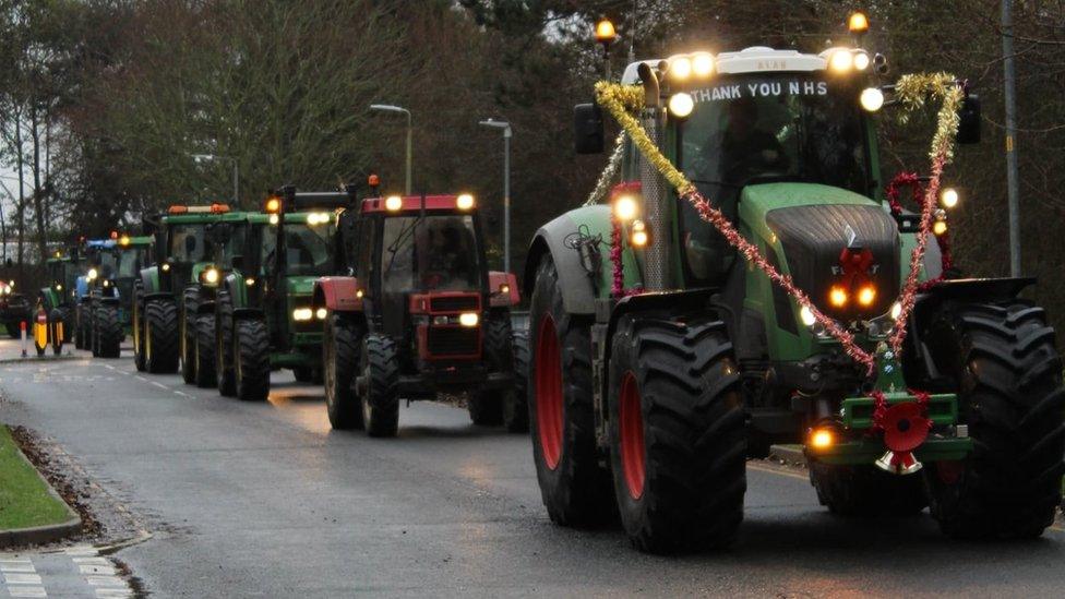 Procession of tractors in James Paget Hospital car park