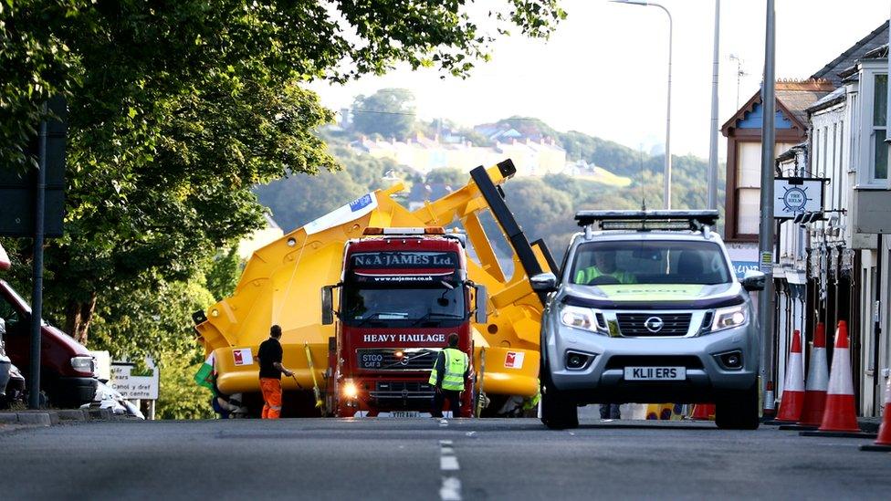 One of the 15m cell modules being transported through Pembroke Dock which will form part of the full-scale megawatt mWave demonstration device