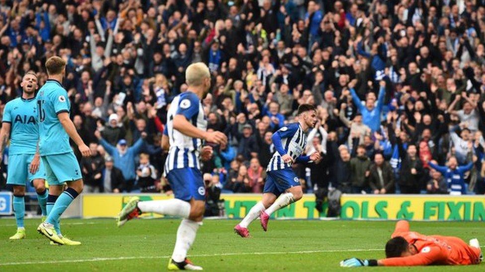 Aaron Connolly celebrates after scoring his second goal against Tottenham