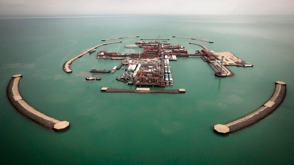 An aerial view shows artificial islands on Kashagan offshore oil field in the Caspian sea, western Kazakhstan, on the 7 April 2013