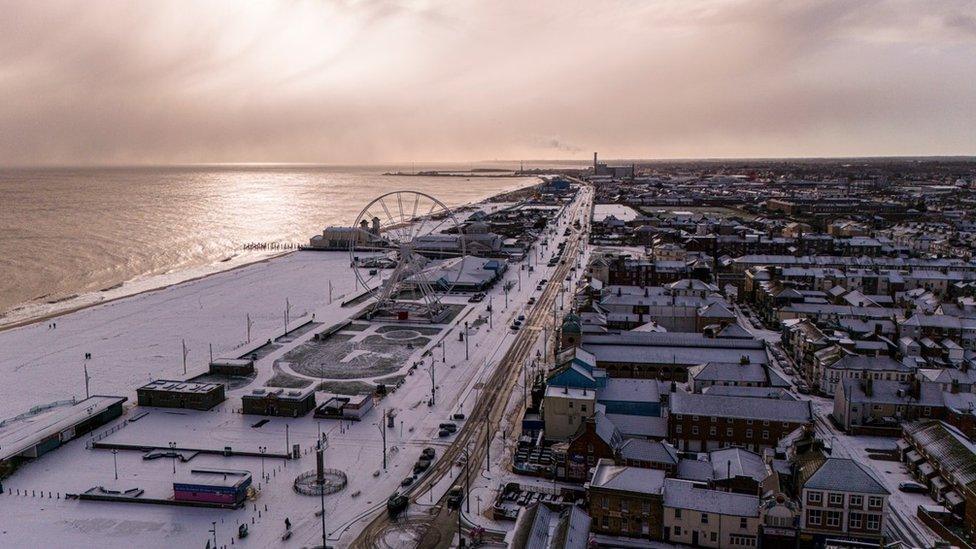 Great Yarmouth seafront after snowfall on 15 January 2024