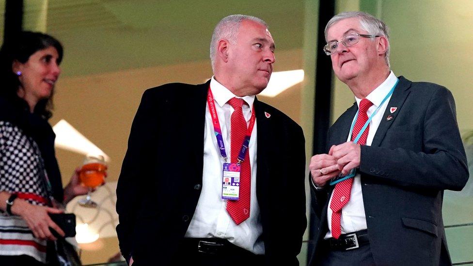 Mark Drakeford stood in the Ahmad Bin Ali Stadium, Al-Rayya, ahead of the Wales v USA match at the 2022 World Cup