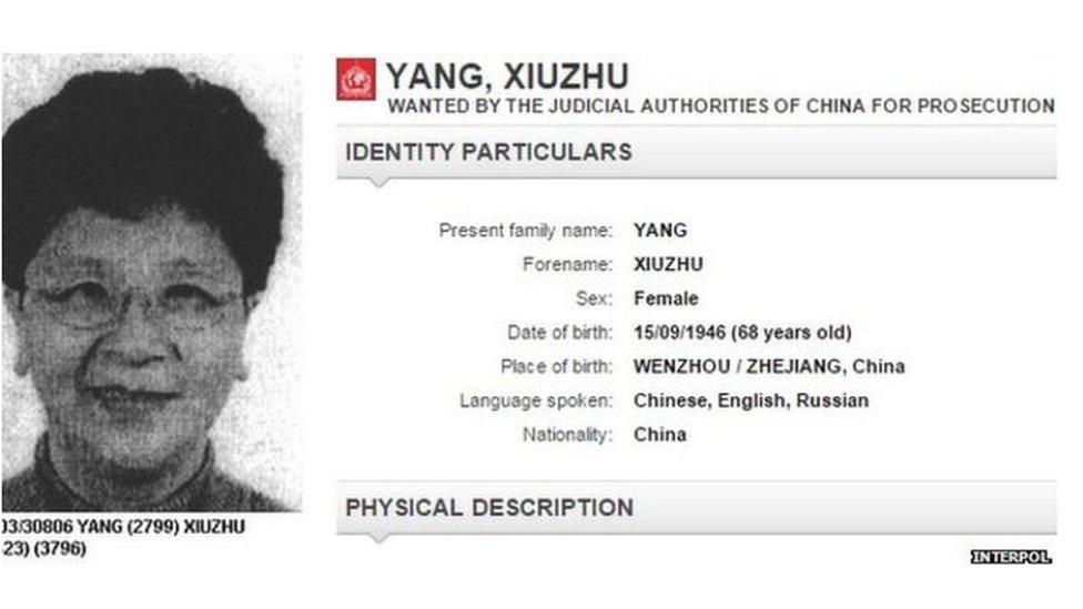 Details of Chinese suspect Yang Xiuzhu on the Interpol website