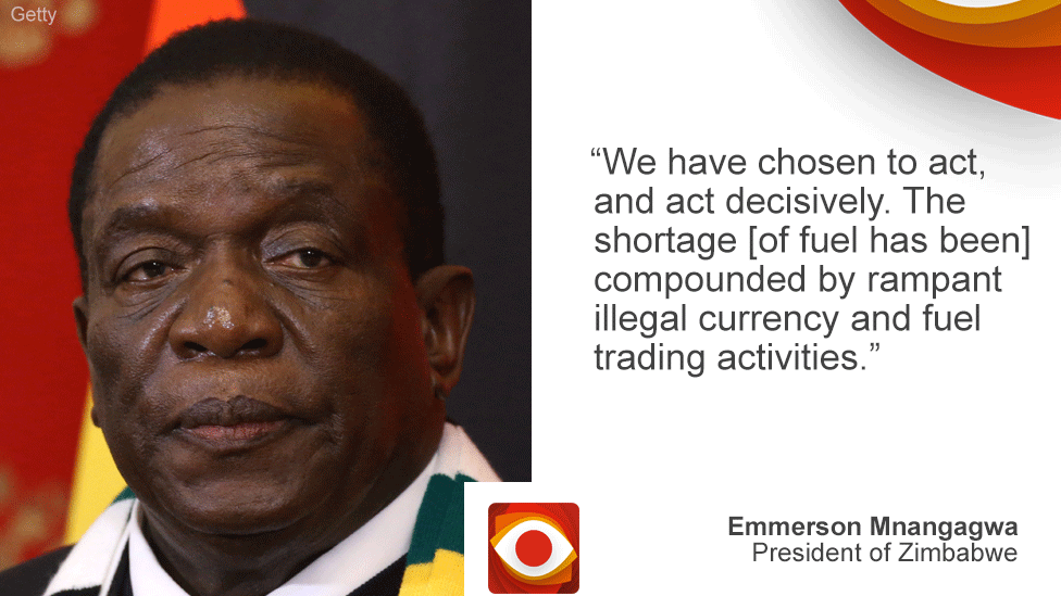 President Mnangagwa on Zimbabwe on left, quote: "We have chosen to act decisively..." on right