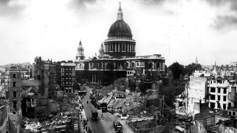 Bomb damage around St Paul's Cathedral in London.