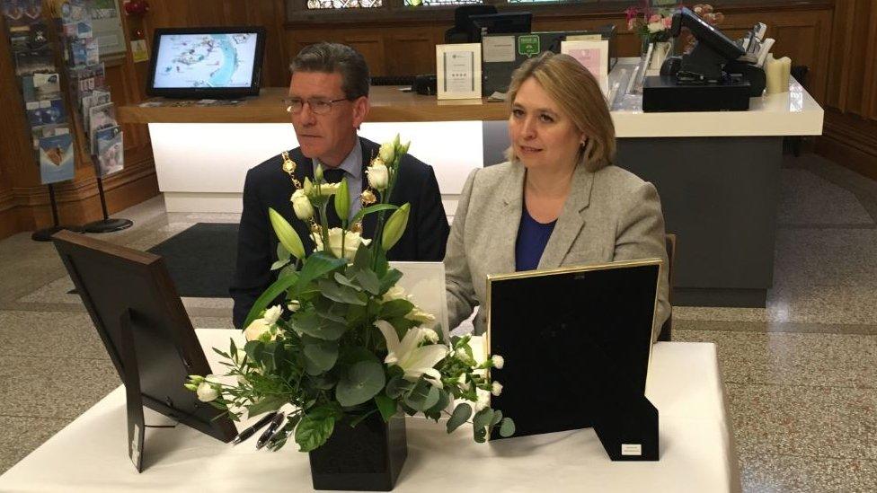 Lord Mayor of Londonderry John Boyle and Secretary of State for Northern Ireland Karen Bradley in the Guildhall in Londonderry.