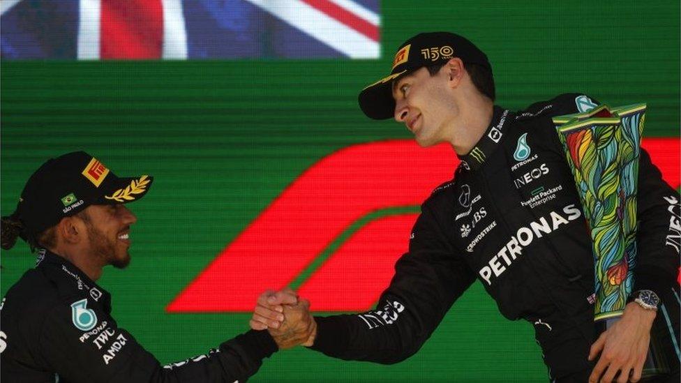 Lewis Hamilton congratulating George Russell