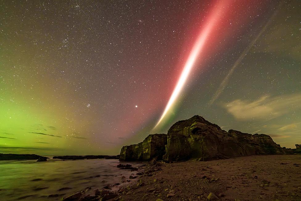 Ribbon of light in the sky during an aurora event known as Steve