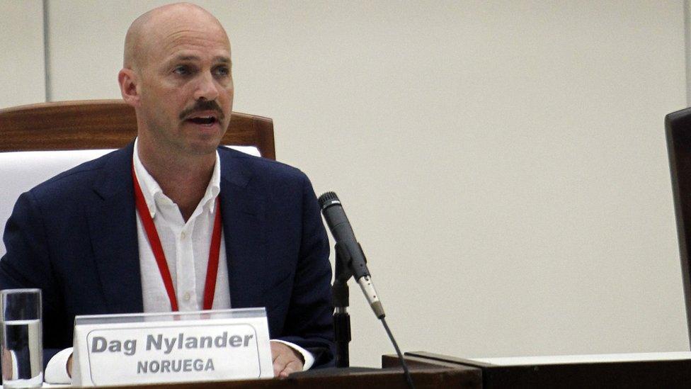 Norwegian representative for Colombian Peace Negotiation Dag Nylander participates in a signing ceremony between Colombian Government and FARC guerrilla of disarmament and ceasefire agreement"s protocols and attachments, at the Convention Center, in Havana, Cuba