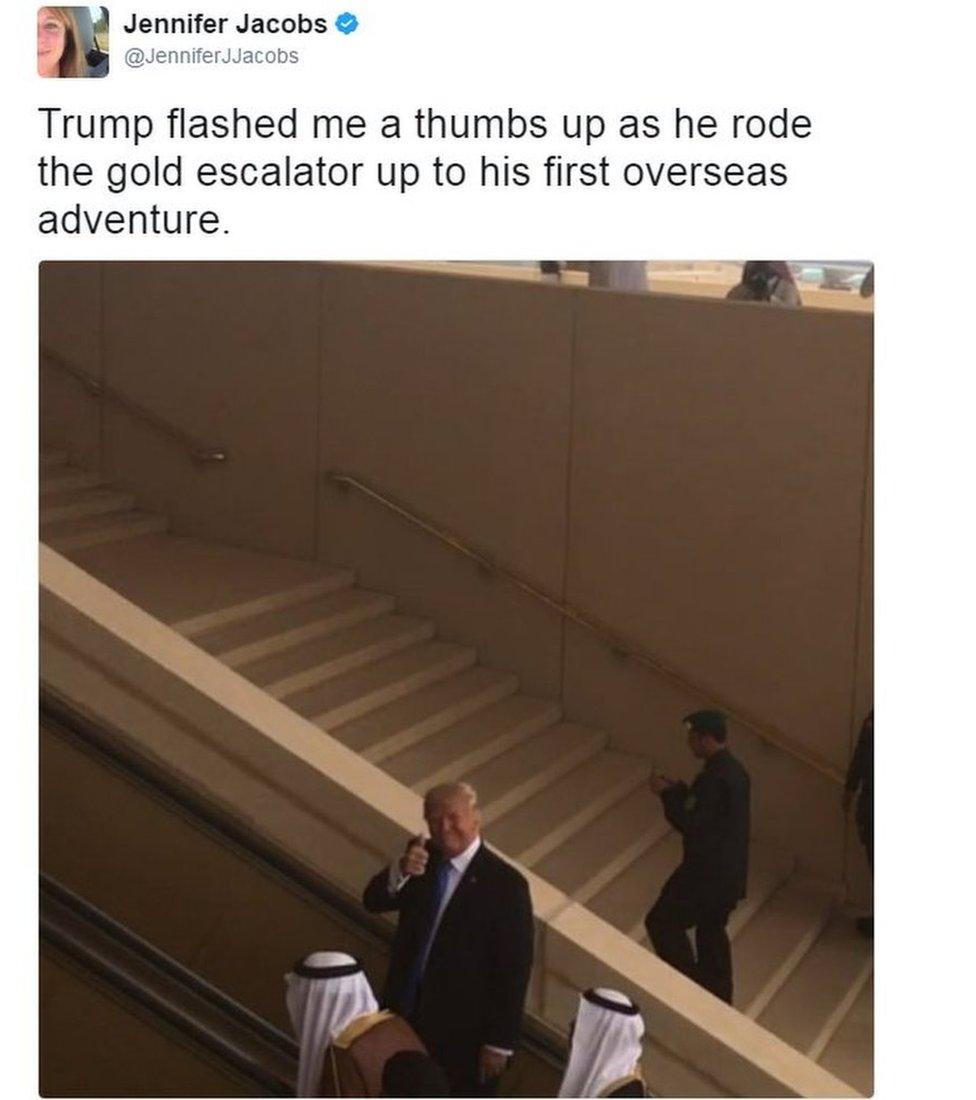 Tweet from Bloomberg reporter Jennifer Jacobs shows President Trump doing a thumbs up sign in Saudi Arabia