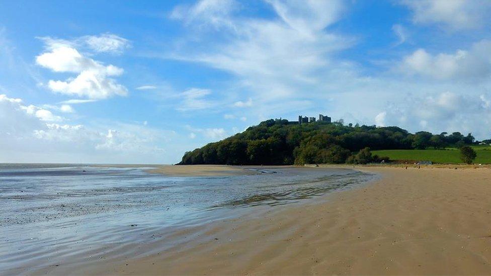 Blue skies and golden sands at Llansteffan beach, captured by Marilyn Kirkness