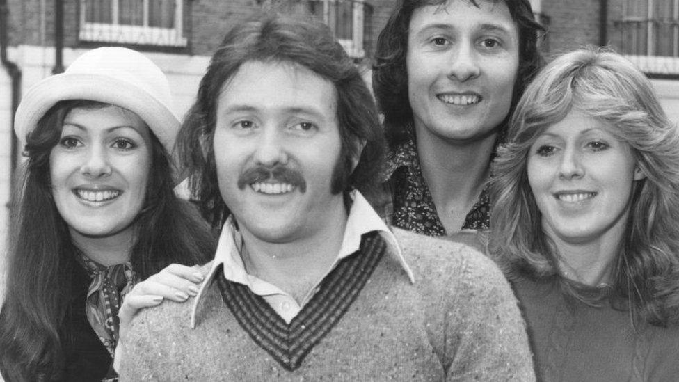 26th February 1976: British vocal pop group the Brotherhood Of Man, from left to right; Nicky Stevens, Martin Lee, Lee Sheridan and Sandra Stevens, who are to represent Britain in the Eurovision Song Contest with the song 'Save All Your Kisses For Me'. (Photo by Keystone/Getty Images)