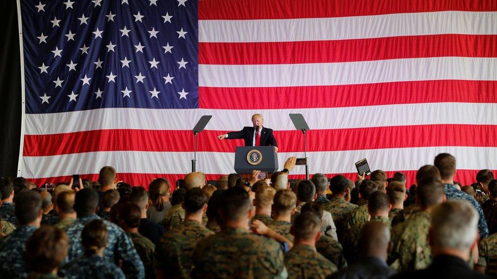 U.S. President Donald Trump delivers remarks to U.S. military personnel at Naval Air Station Sigonella following the G7 Summit, in Sigonella, Sicily, Italy, May 27, 2017.