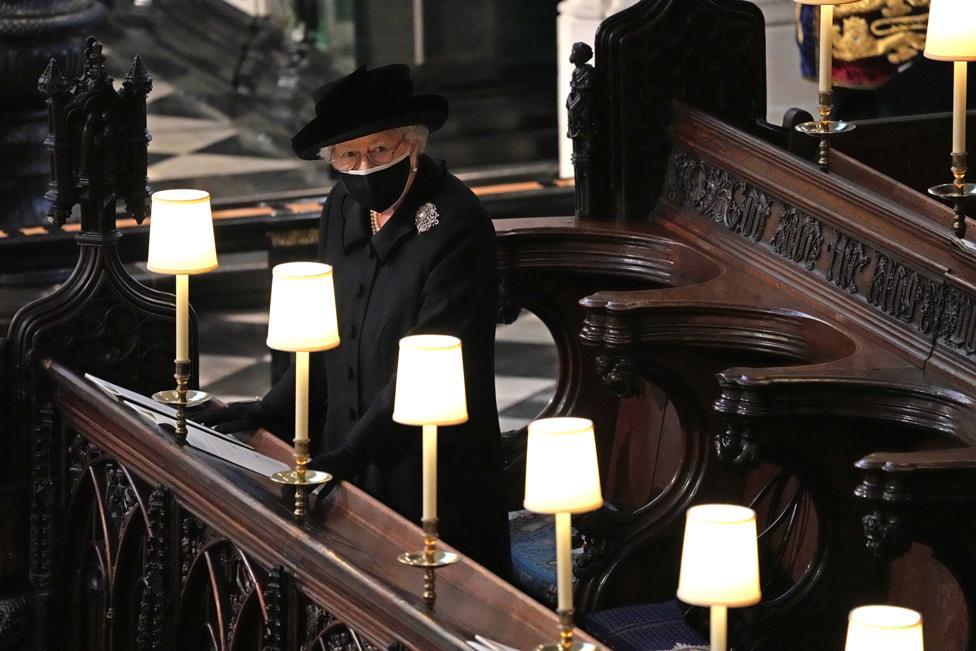 Queen Elizabeth II during the funeral of the Duke of Edinburgh in St George's Chapel, Windsor Castle, Berkshire.