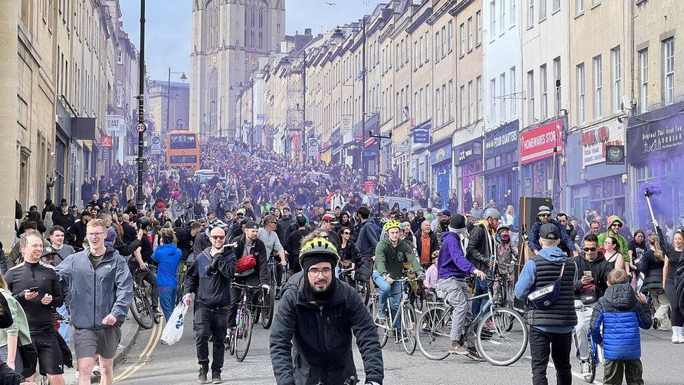 Hundreds of bike riders fill Park Street in Bristol on the Drum & Bass on a Bike ride