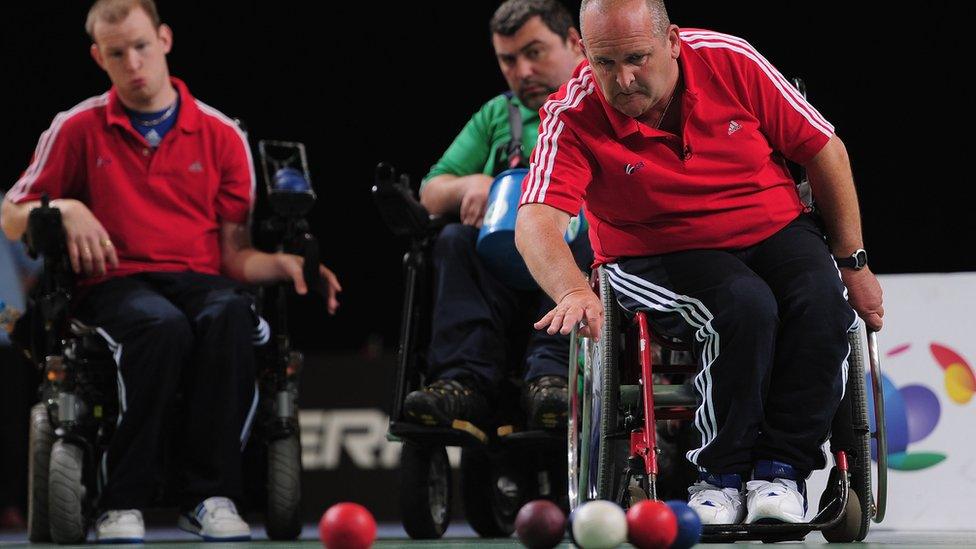 Nigel Murray of Great Britain throws a Boccia ball during the BT Paralympic Boccia International match between Ireland and Great Britain event at the Manchester Regional Arena on May 26, 2011 in Manchester, England.