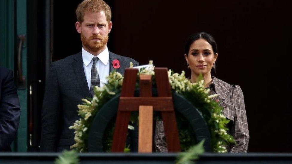 Prince Harry, Duke of Sussex and Meghan, Duchess of Sussex lay a wreath during a wreath laying ceremony at Pukeahu National War Memorial Park on October 28, 2018 in Wellington, New Zealand