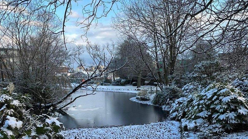 Snow covering parts of Mowbray Park, Sunderland