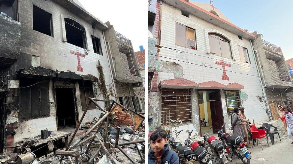 Composite image compares the destroyed church with it newly built