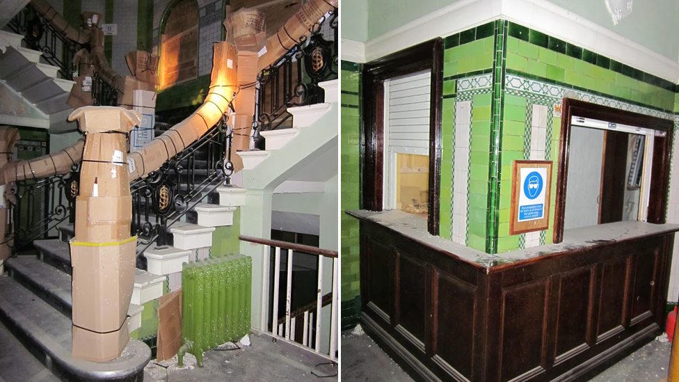 A picture of the staircase inside, and of a bar inside the building