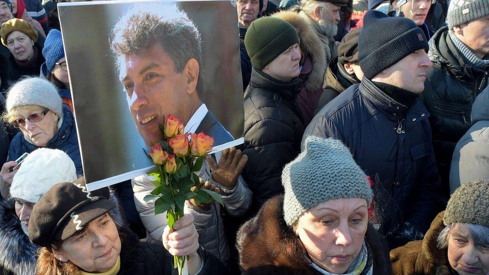 Opposition supporters take part in a rally in memory of murdered Kremlin critic Boris Nemtsov in Saint Petersburg on 29 February, 2020.