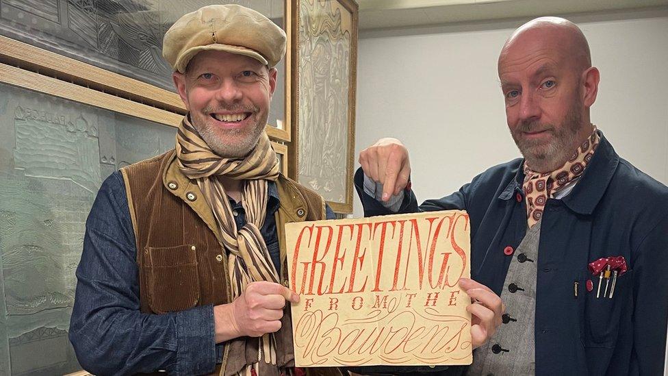 Jonny Hannah and Mark Hearld in the Higgins Bedford Art Store visiting the Edward Bawden archive