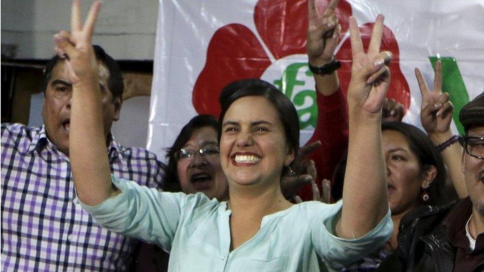 Peru's presidential candidate Veronika Mendoza gestures to supporters at her campaign headquarters at the end of the first round of Peru's presidential election in Cuzco, Peru, April 10, 2016