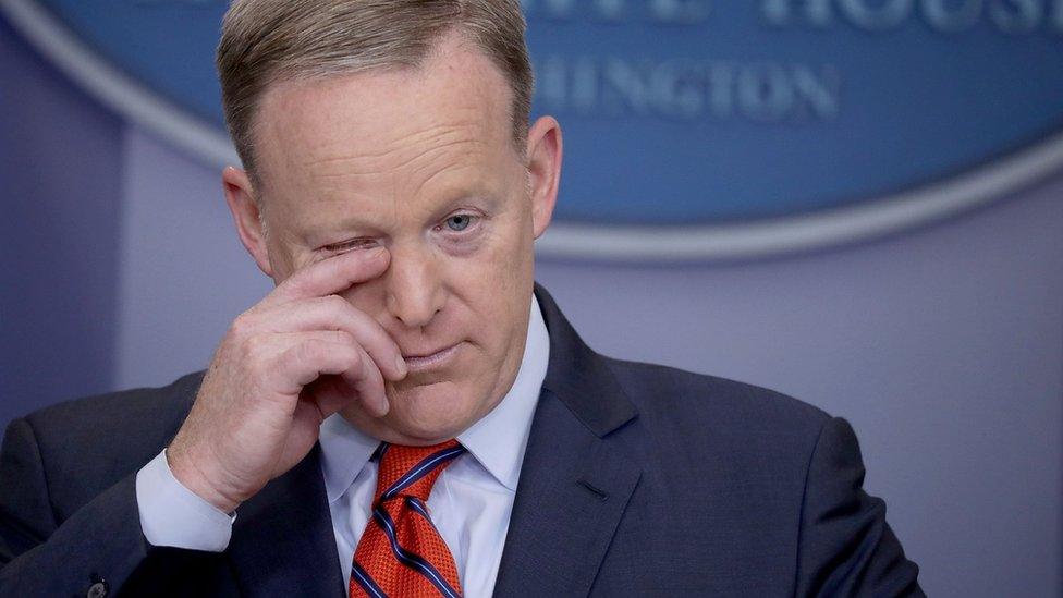 White House Press Secretary Sean Spicer answers reporters" questions during the daily news conference in the Brady Press Briefing Room at the White House April 11, 2017 in Washington, DC