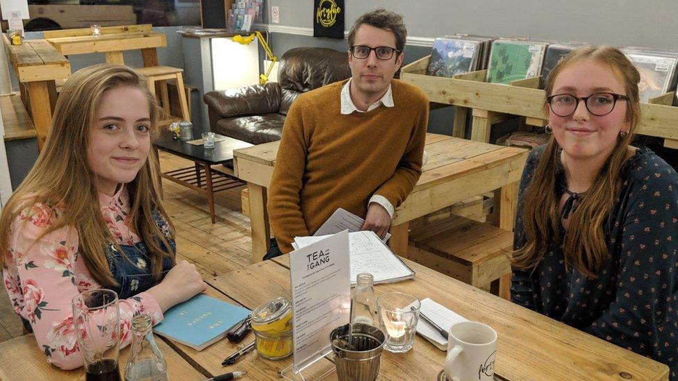 James Tilley with members of the UK Youth Parliament Maisie Outhart (L) and Lottie Ibbotson